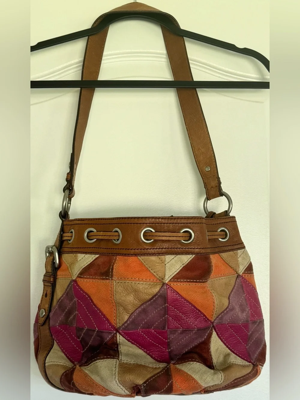 Fossil Patchwork Leather Canvas Shoulder Bag Boho Purse - Picture 2 of 13